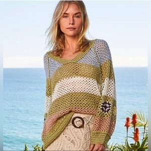 POL Olive Multi V-Neck Open Weave Sweater with Granny Square Patches